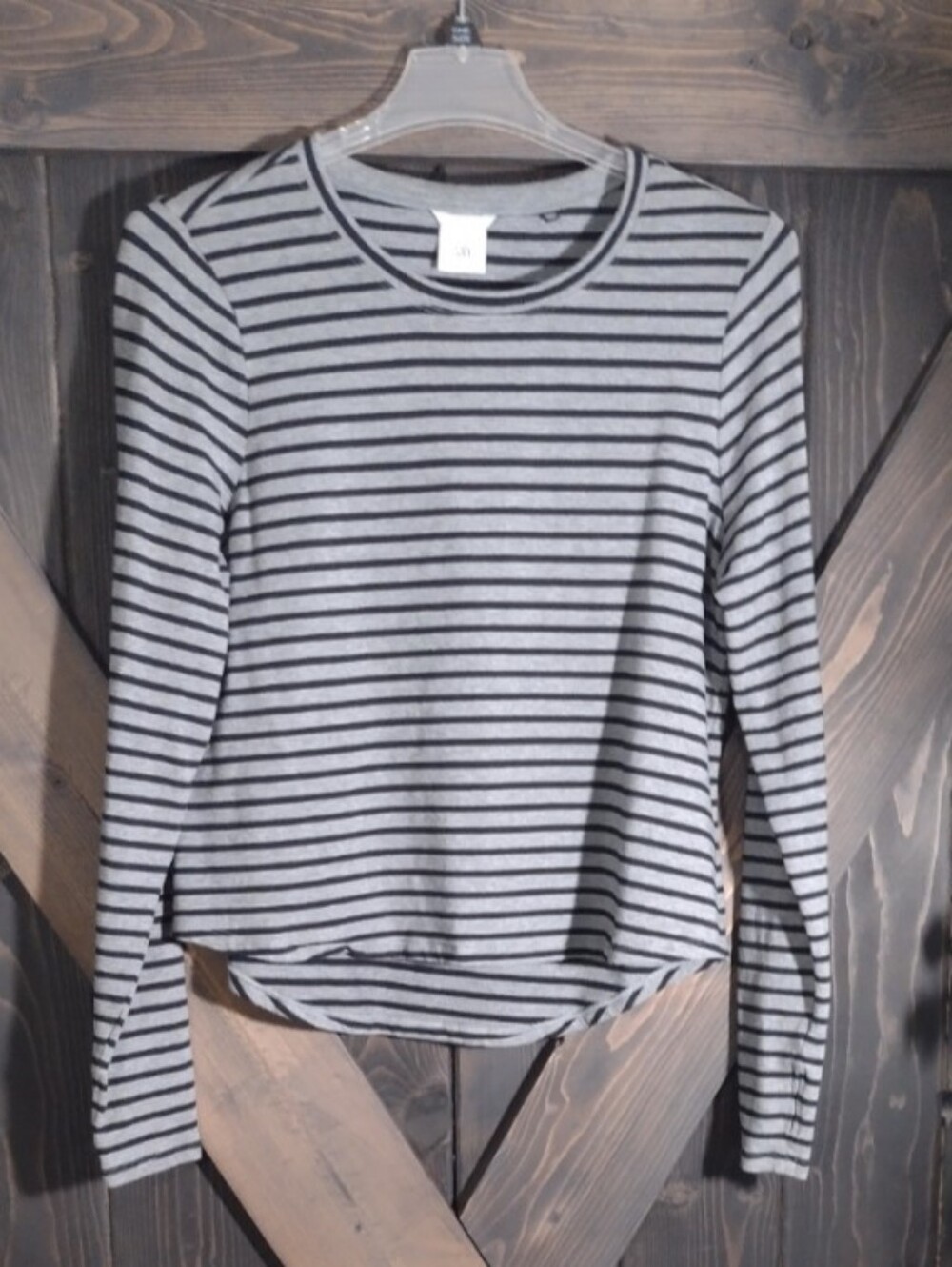 CAbi Gray and Black Striped Long-Sleeve Crewneck Size Large